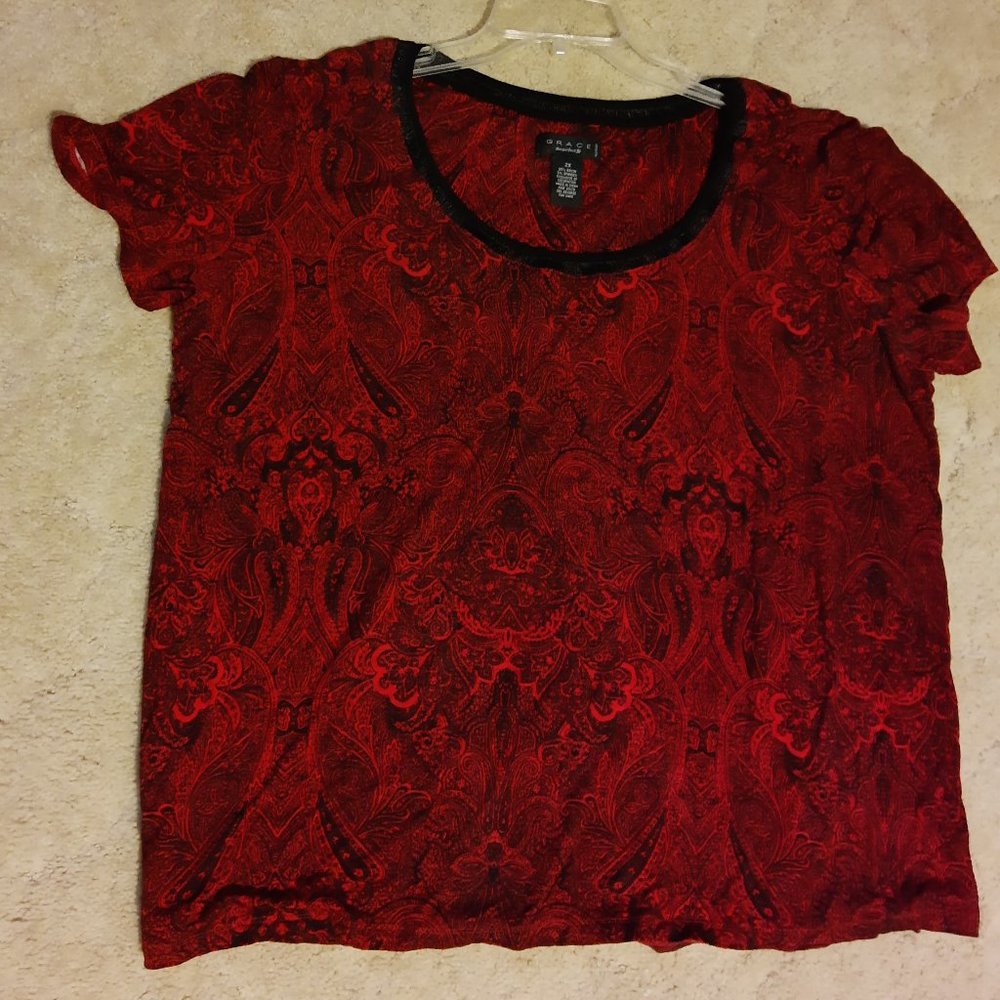 Red & Black print top 2X